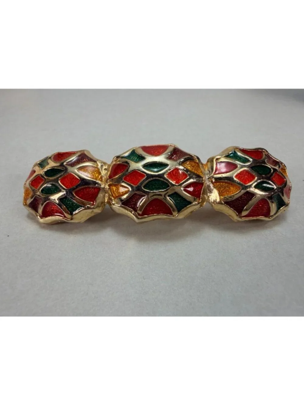 Vintage Cloisonné Enamel Triple Panel Hair Barrette Gold Tone Hair Clip